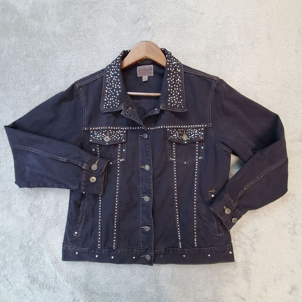 Cabela's Jean Jacket Womens L Blue Denim Rhinestone Studded Coat Cowgirl Western